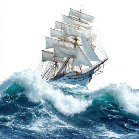 A stunning tall ship gracefully navigates turbulent ocean waves, showcasing billowing white sails against a bright sky, evoking a sense of adventure.の素材