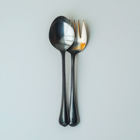 This image showcases a polished serving spoon and fork set, beautifully arranged on a minimalist table top, highlighting elegant flatware design.の素材