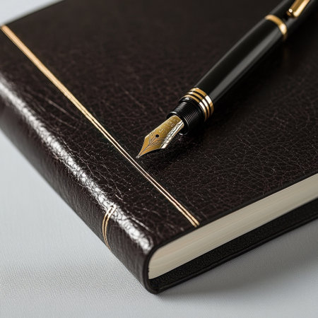 A beautifully detailed black leather notebook paired with a sleek fountain pen, ideal for capturing thoughts, notes, or sketches with sophistication.の素材