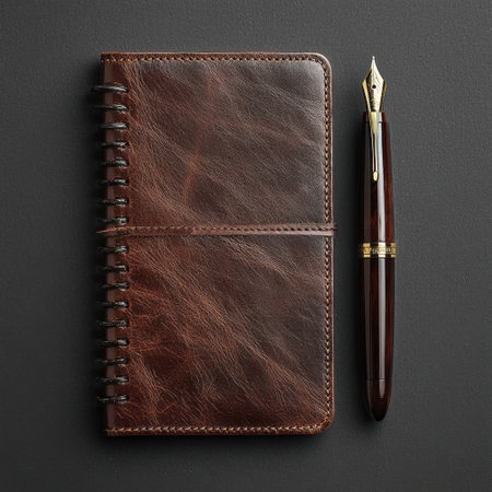 This stylish brown leather notebook paired with a golden fountain pen offers a sophisticated touch for writers and creatives. Ideal for notes.の素材