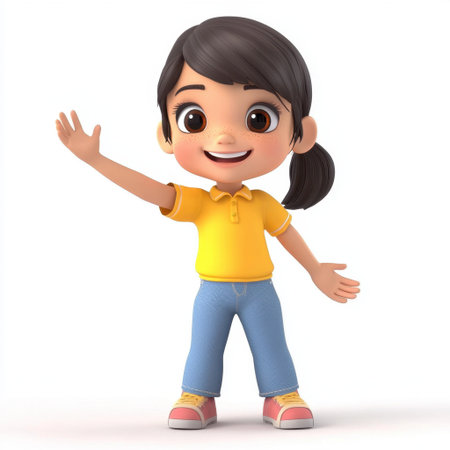A cheerful cartoon girl stands waving with a big smile, dressed in a bright yellow shirt and blue jeans that capture joy and innocence.の素材