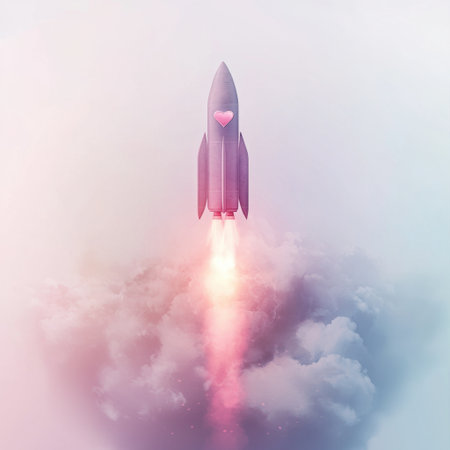 A visually captivating image of a rocket taking off into the clouds, adorned with a heart symbol, representing love and adventure in a dreamy atmosphere.の素材