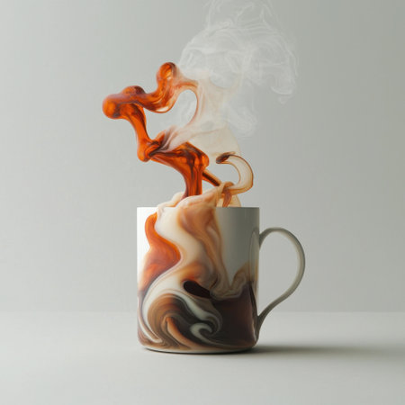 This stunning stock image showcases a white mug filled with coffee and cream, creating mesmerizing swirls and steam against a minimalist backdrop, inviting warmth.の素材