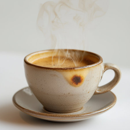 A beautifully crafted ceramic coffee cup with steam rising, offering a warm and inviting atmosphere. Perfect for cozy moments. Enjoy the rich aroma and craftsmanship in every sip.の素材