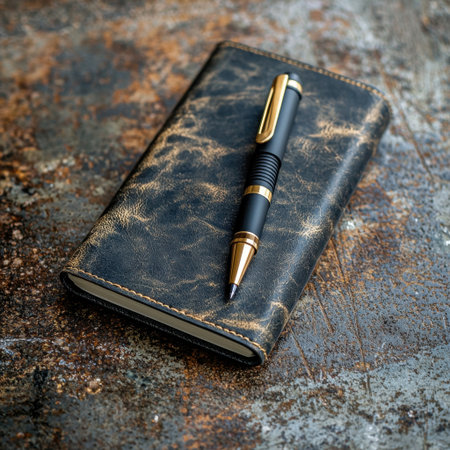 A striking black leather notebook paired with a gold pen rests on a rustic surface, creating an inviting scene for writing and inspiration. Perfect for artistic or professional use.の素材