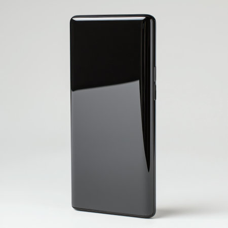 A sleek modern smartphone with a glossy black surface, perfect for showcasing technology themes and minimalist design concepts.の素材