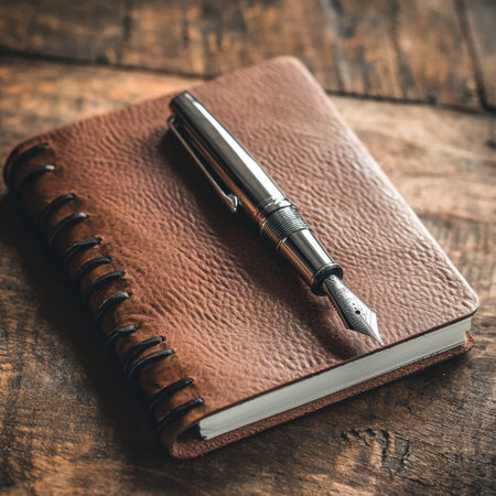 A charming leather notebook paired with a sleek fountain pen displays artistry and elegance on a rustic wooden table, ideal for journaling.の素材
