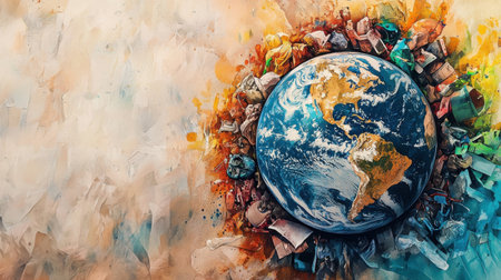 This vibrant artwork depicts Earth at the center, surrounded by colorful waste, highlighting pressing environmental issues and the urgent need for change.の素材