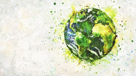 Stunning artistic representation of Earth showcasing vibrant colors and abstract paint splashes, ideal for eco-friendly themes and projects.の素材