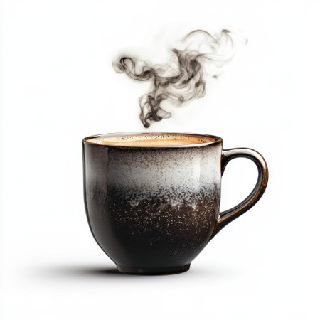 This elegant coffee mug showcases steam rising above, evoking a warm and cozy atmosphere ideal for morning rituals or relaxing breaks.の素材
