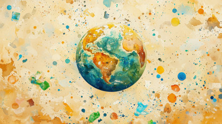 This stunning watercolor artwork showcases the beauty of Earth, with rich colors swirling around the globe, creating a visually engaging abstract piece perfect for decoration or inspiration.の素材