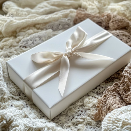 A beautifully wrapped gift box adorned with a soft satin ribbon sits on a textured, cozy background, perfect for celebrations.の素材