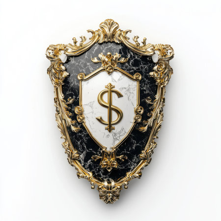 This stunning ornate shield showcases a dollar symbol surrounded by intricate gold detailing and a marble background, representing luxury and wealth.の素材