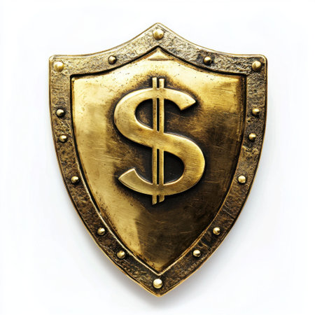 This golden shield features a dollar sign, beautifully crafted to represent wealth protection and financial security in various contexts.の素材