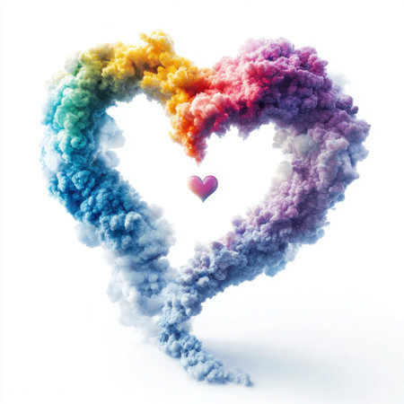 This vibrant image features a heart-shaped smoke cloud formation in a spectrum of rainbow colors against a white background, symbolizing love and creativity.の素材