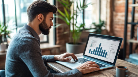 A young businessman is engaged in data analysis on his laptop in a stylish office environment filled with green plants and natural light.の素材
