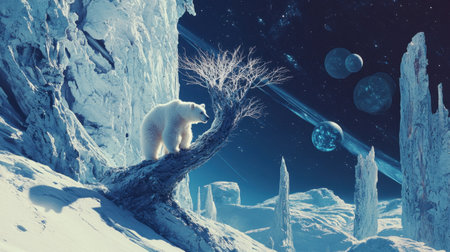 A breathtaking scene featuring a polar bear perched on a lonely tree in a fantastical icy landscape, surrounded by planets and stars, evoking a sense of wonder and exploration.の素材
