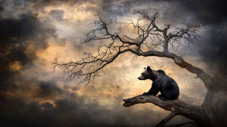 A breathtaking scene captures a majestic bear on a tree branch, silhouetted against a dramatic sky filled with dark clouds and vivid colors.の素材