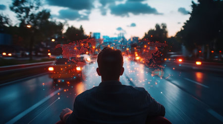 A person gazes out at a vibrant cityscape during sunset, where a digital world map projection glows, symbolizing connectivity and adventure.の素材