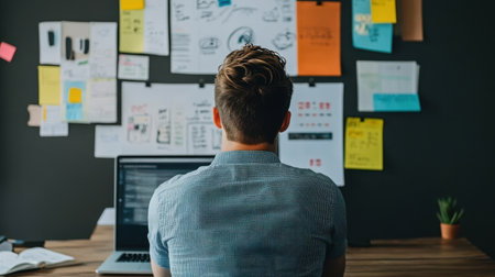 A creative professional sits at a wooden desk, analyzing ideas and plans displayed on a wall in a modern workspace filled with vibrant notes.の素材