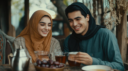 A young couple enjoys a serene moment outdoors, sharing tea and laughter in traditional attire, embodying warmth and connection in nature.の素材
