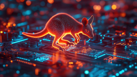 A captivating neon kangaroo explores a futuristic circuit board, blending wildlife with technology in a vibrant and imaginative scene.の素材