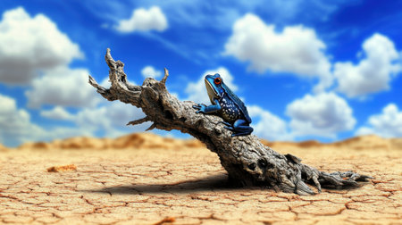 A vibrant frog rests on a dry, cracked wooden log in a parched landscape, showcasing the stark contrast of life amidst drought conditions.の素材