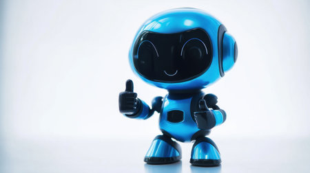 A cheerful blue robot figure stands proudly with a thumbs up gesture, symbolizing positivity and creativity in a bright studio setting.の素材