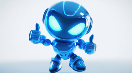 This adorable futuristic robot character features vibrant blue tones and a glowing effect. The character's cheerful thumbs-up gesture conveys positivity and fun, making it an ideal choice for various playful contexts.の素材