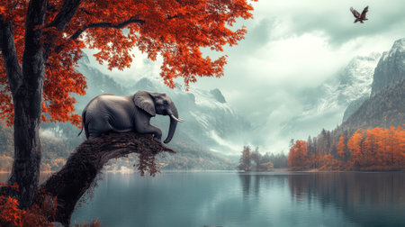 An enchanting image of an elephant resting on a tree branch, offering a stunning view of a serene lake. Surrounded by vibrant autumn foliage and majestic mountains, this serene scene captures the tranquility of nature.の素材