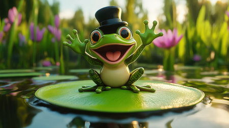 A charming frog wearing a top hat joyfully sits on a lily pad, surrounded by beautiful flowers in a tranquil pond, reflecting a cheerful atmosphere.の素材