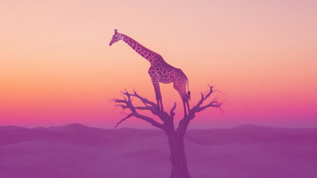 A stunning silhouette of a giraffe perched on a bare tree branch against a colorful sunset backdrop. This serene landscape captures the essence of wildlife in a tranquil setting.の素材