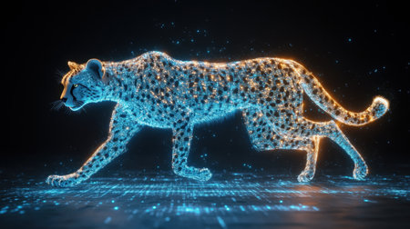 A stunning representation of a cheetah in dynamic motion, illuminated with neon lights and digital particles, showcasing elegance and speed.の素材