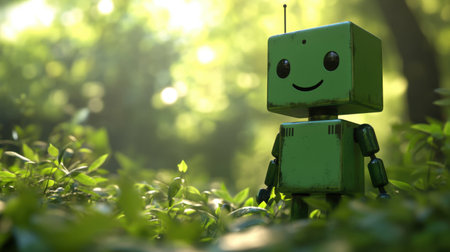 A cheerful green robot stands amidst vibrant greenery, reflecting a blend of technology and nature in a serene outdoor setting.の素材