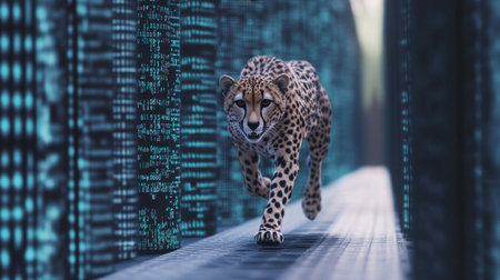 A stunning illustration of a cheetah sprinting through a vibrant digital data stream, highlighted with bright binary code accents, showcasing speed and agility.の素材