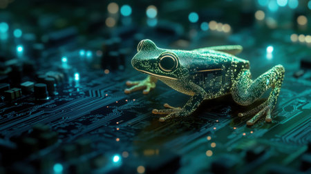 A stunning frog rests on a glowing circuit board, blending nature with technology in a surreal digital landscape, showcasing vibrant colors and intricate details.の素材