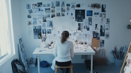 A cozy art studio filled with sketches and inspiration boards, showcasing a focused artist surrounded by creative chaos and bright light.の素材