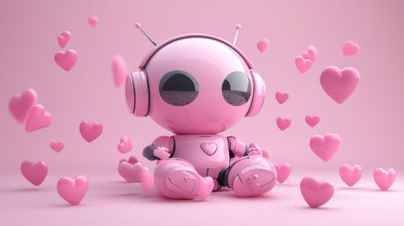 This charming pink robot character, adorned with headphones, radiates joy and playfulness against a bright pink backdrop filled with hearts.の素材