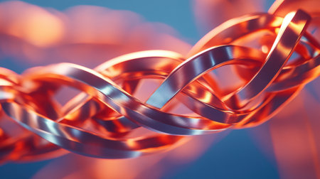 This abstract image showcases metallic strands elegantly intertwined, bathed in soft light, creating a dynamic and colorful visual experience.の素材