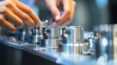 A skilled worker's hands carefully assemble sleek metal components on an industrial workbench, showcasing precision and craftsmanship in manufacturing processes.の素材