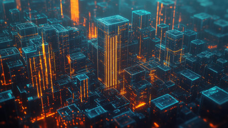 Explore a stunning futuristic cityscape at night, illuminated with vibrant neon lights and glowing lines, symbolizing technological advancements and digital innovation.の素材
