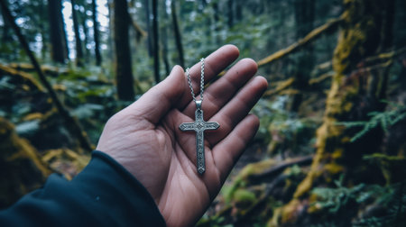 A close-up image of a hand holding a silver cross necklace in a serene forest setting, capturing a moment of spiritual connection amidst nature's beauty.の素材