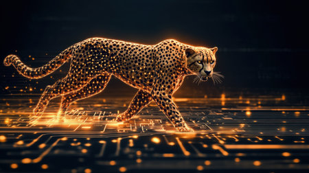 A striking digital illustration of a cheetah depicted in a futuristic style, blending wildlife with advanced technology. The glowing circuitry background emphasizes speed and agility, creating a visual fusion of nature and innovation.の素材