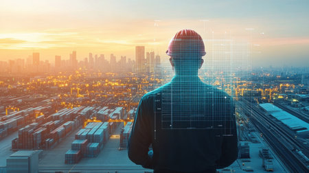 A lone engineer stands before a glowing city skyline at sunset, symbolizing the blend of technology and industry with digital graphics enhancing the scene.の素材
