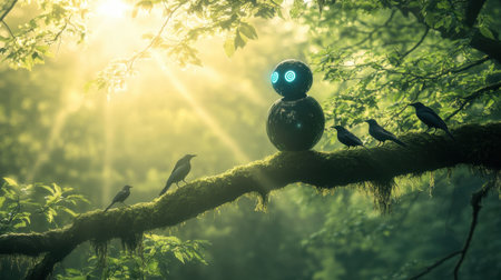 A whimsical robot stands happily on a moss-covered branch, surrounded by curious birds. Soft sunlight filters through lush trees, creating a serene atmosphere.の素材