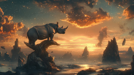 A stunning artistic representation of a rhinoceros perched on a rocky formation during a vibrant sunset, surrounded by colorful clouds and a misty landscape, exuding a sense of adventure and tranquility in a dreamlike setting.の素材