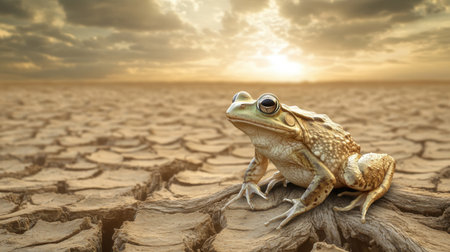 A striking image of a frog perched on dry, cracked soil during a sunset, highlighting the effects of climate change and drought on nature.の素材