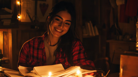 A young woman smiles warmly while sitting at a table strewn with papers in a cozy room illuminated by soft candlelight. The intimate setting evokes feelings of warmth and tranquility, perfect for creative moments.の素材
