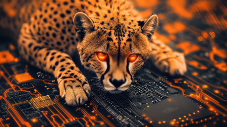 This stunning image features a close-up of a cheetah with glowing eyes, positioned on a vibrant circuit board, blending nature and technology.の素材