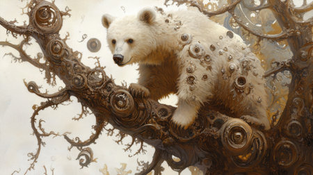 A whimsical illustration of a white bear perched on a branch, surrounded by intricate mechanical elements, blending nature with surreal art in a dreamlike setting.の素材